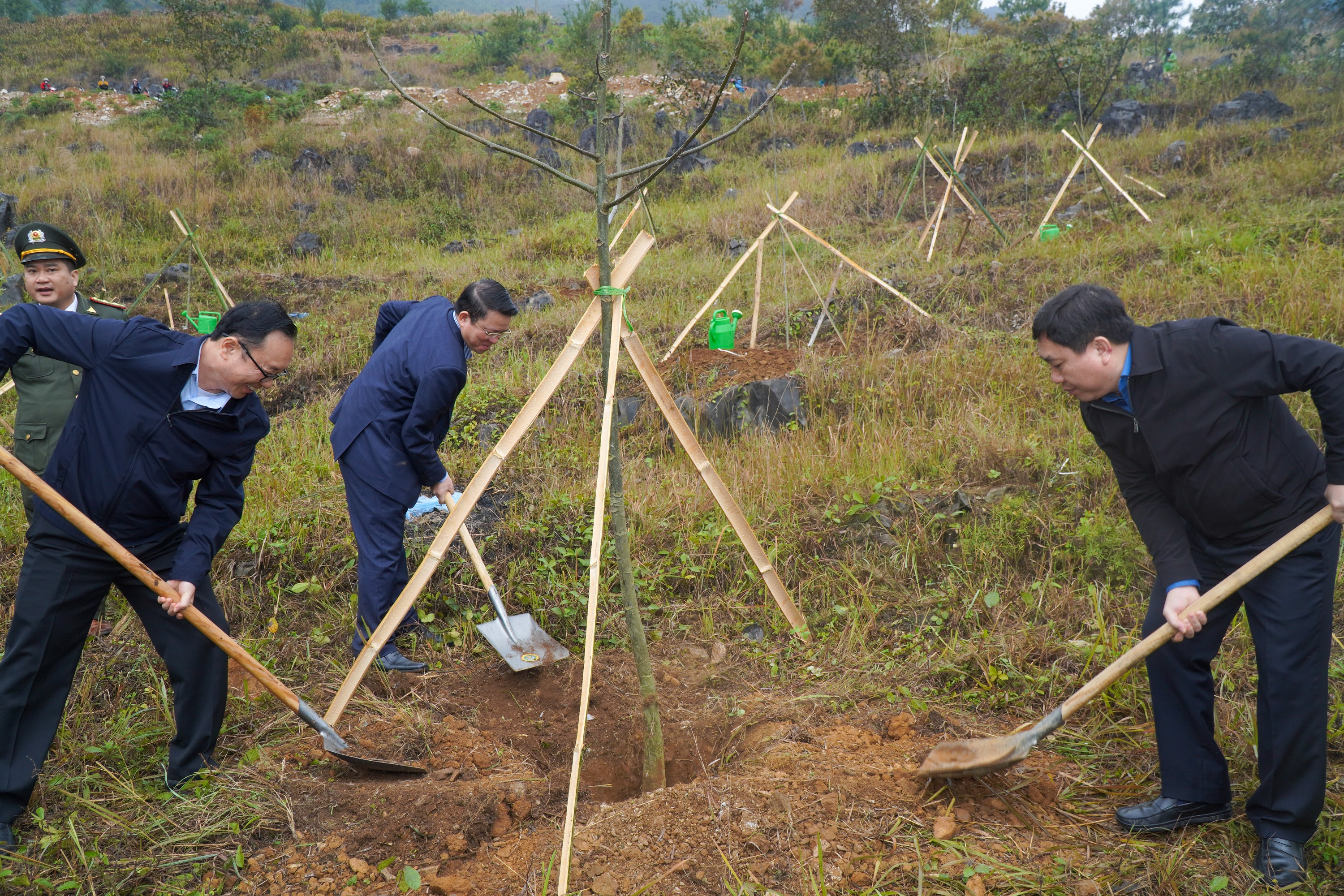 Các đồng chí lãnh đạo tỉnh, huyện tham gia phát động Tết trồng cây tại huyện Mèo Vạc
